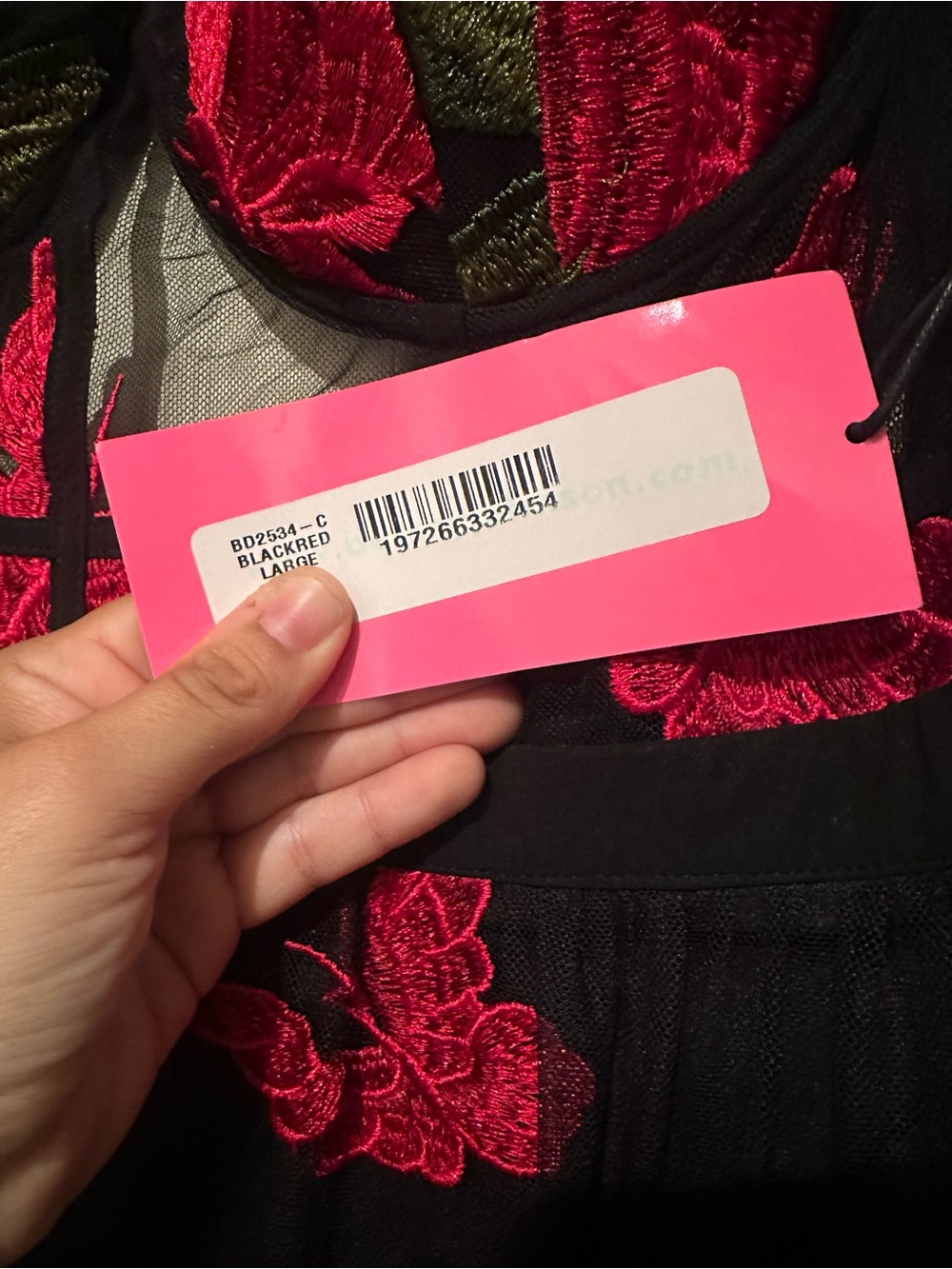 Betsey Johnson Black Sheer Dress with Pink Label and Red Floral Detail - Picture 3 of 3
